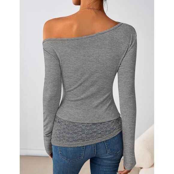Women's Grey Long Sleeve Off Shoulder Tops Casual Boat Neck Lace Shirts Blouses - Picture 3 of 5
